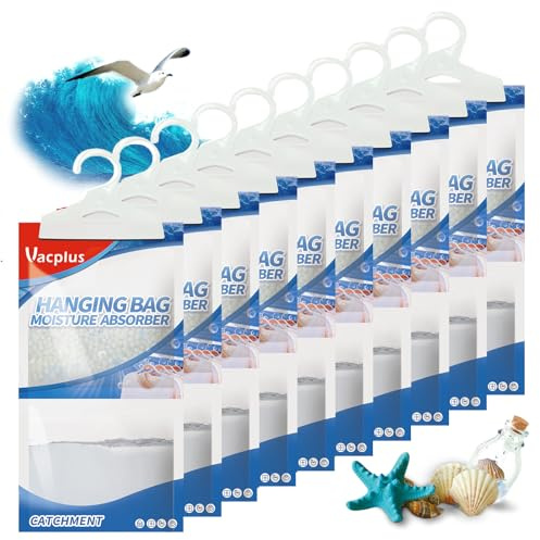 Vacplus Moisture Absorbers, Hanging Closet Dehumidifier Bags, Humidity Packs, Desiccant, Closet Dehumidifiers with Ocean Breeze Fragrance, 10 Pack, 9.8 OZ