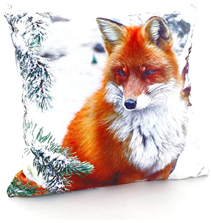 heimtexland ® Dekokissen Bezug Winter Tiere Foto Digitaldruck Kuschelige Velour Kissenhülle 40x40 Deko Kissen Typ831 Fuchs