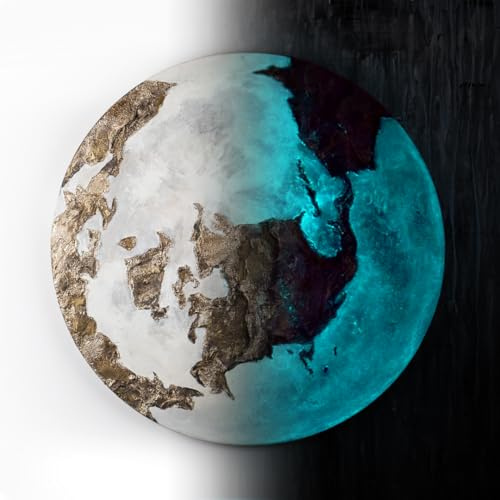 YS-Art Cerchio nero arte astratta Terra d'oro | Quadri acrilici su tela wohndecor | Dipingere la luce al buio | Arte fosforescente | Vernice acrilica rotonda Arte luminosa KL001 (100cm)
