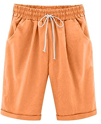 Womens Half Pants Plus Size Knee Length Cotton Linen Shorts with Pockets Summer Solid Beach Vacation Shorts Ladies Straight Leg Trousers Drawstring Elastic Waist Bermuda Shorts Casual Work Shorts