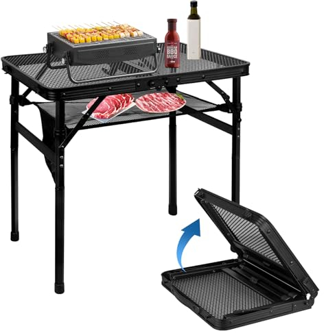 MSDADA Tavolo pieghevole in alluminio regolabile in altezza con scrivania in rete e borsa a rete, tavolo da barbecue portatile per campeggio all'aperto, picnic, patio, cene, barbecue, feste, nero, 50