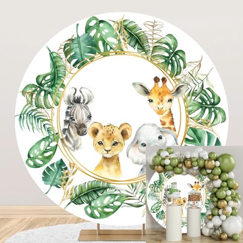 Ttincceer Dibujos Animados león Elefante telón de Fondo 100cm Selva Animal Planta Tropical Hoja Redonda fotografía Fondo recién Nacido cumpleaños bebé Ducha Tiro Fondo Banner