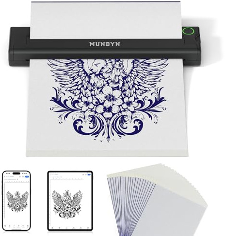 MUNBYN ITP05 Stampante Stencil Tattoo, 20 Fogli di Carta da Stampante Tattoo, Stampante Termica Tattoo Stampante Bluetooth, Compatibile Con Smartphone, PC, Nero