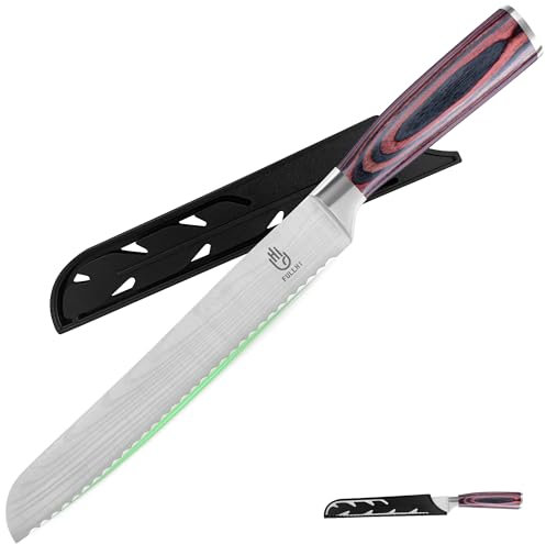 FULLHI Couteau à pain, couteau japonais multicolore de 8 pouces avec étui 2pcs, couteau à gâteau Couteau de cuisine en acier inoxydable avec garde (Bois café)