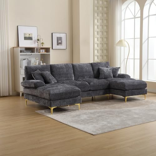Dolamaní Divano ad angolo moderno divano divano a forma di U-Shape sezionale, con doppi sedili reclinati, tessuto ciniglia divano letto grande (grigio)