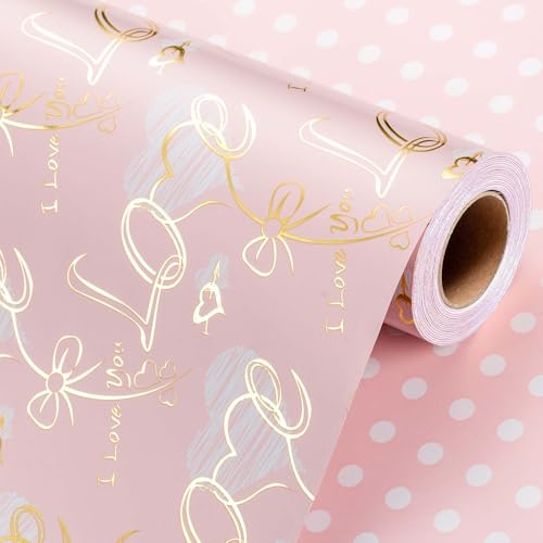 Wikadlik Pink Wrapping Paper Roll, 43cm x 10m Romantic Love Script and Bow Polka Dots Gift Wrap for Wedding, Valentines Day, Bridal, Mothers Day