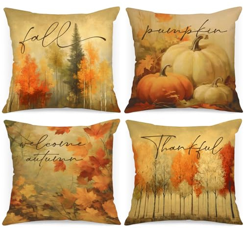 Benjia 4 stycken örngott höst örngott 45 x 45 cm, vattenfärg lönnlöv skog pumpa höstkuddar dekorativa örngott kuddar för Thanksgiving halloween sängkläder soffa fåtölj hem dekorationer 45x45 cm