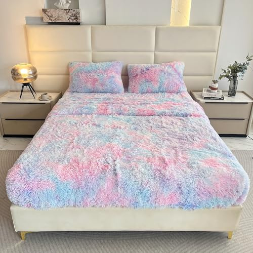 chovy Faux Fur Purple Rainbow Queen Sheet Set with Extra Soft Plush Velvet Flannel Fluffy Fuzzy (Pillowcase x 2, Flat Sheet x 1, Fitted Sheet x 1)