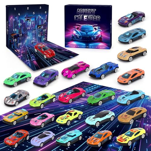 Calendrier de l'avent enfant calendrier de l'avent voiture jouet 24 pièces Voiture de Course en Alliage de jeu pour garçons, 24 jours Calendrier de compte à rebours de Noël pour 3-12 enfants garçons