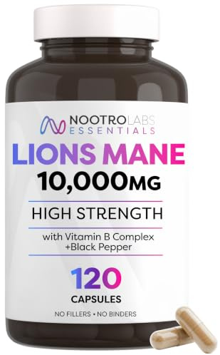 Nootro Lion's Mane Supplement 10,000mg, 10:1 Extract, 120 Capsules | 40% Polysaccharides & 25% Beta-Glucans, Fruiting Body, Vitamin B Complex