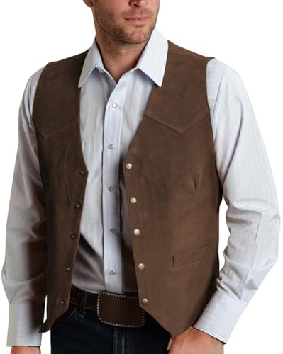 Oanviso Homme Gilet De Costume Gilets en Daim Veste Mode Style Cowboy Western Vintage Traditionnel Formelle Vestes sans Manches Coupe Normale A Café L