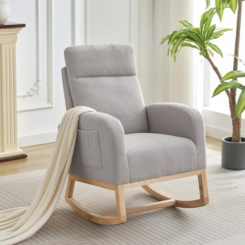 Sillón de lactancia para habitación infantil, mecedora acolchada Teddy con respaldo alto de 66 cm, mecedora moderna para sala de estar, dormitorio, lectura, gris