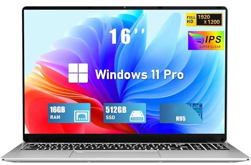 FUNYET 2025 Ordenador Portátil 16 Pulgadas 16GB RAM 512 GB M.2 SSD Expansión 1TB Portátil 4 Cores Celeron N95 hasta 3.4 GHz Win 11 Laptop FHD1920×1200 USB 3.0 BT 5.0 WiFi 5 HDMI Teclado Retroiluminado