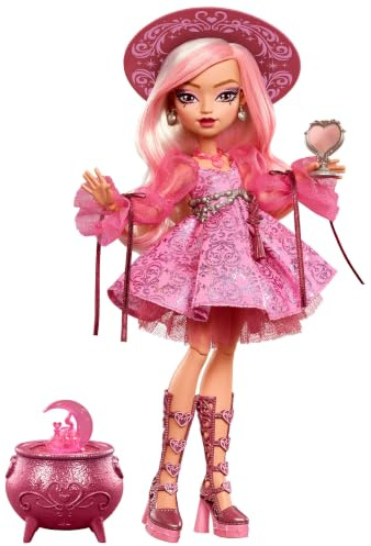 Monster High docka, Moonspell Magic från Monster High Carina Song | Love Witch i rosa klänning med kittelöverraskning och tillbehör som spegel, hatt och trollbok, JNM26