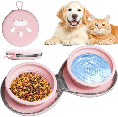 Mugtide 2 stycken vikbara hundskålar, silikon reseskålar för husdjur, bärbar reseskål för hundar, vikbara vattenskålar för katter och hundar, perfekt för camping och vandring, 450 ml (rosa)