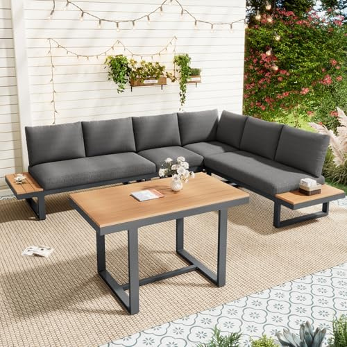 Sweiko Ensemble de Salle à Manger de Jardin, Ensemble de Meubles d'angle avec Fonction d'inclinaison réglable (5 Positions, Max. 55°), Plateau en Plastique Effet Bois, Comprend Une Table à Manger