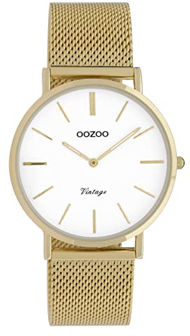 Oozoo Vintage Damenuhr mit massivem grobmaschigem Edelstahl Milanaise Metallband 36 MM Goldfarben/Weiss C9910