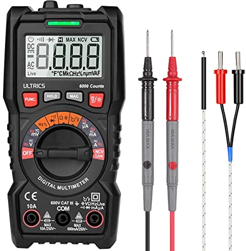 ULTRICS Multímetro Digital Profesional, Automatico TRMS 6000 Cuentas Digital Polimetro con Pantalla LCD, Tester Electrico Voltímetro Amperímetro con Cables de Prueba para Medir AC/DC Corriente Diodo