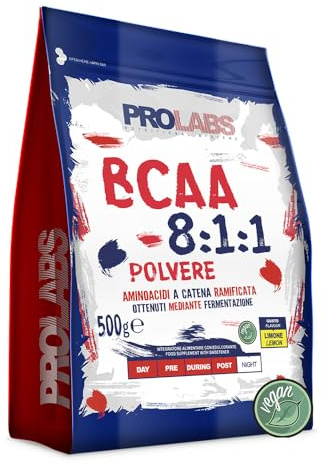 PROLABS – Bcaa Aminoacidi Ramificati Polvere 8.1.1, Amminoacidi 100% Vegan con Vitamina B6, B1 e L-Leucina (8 parti) Crescita e Recupero Post, Intra e Pre Workout, Integratore Sportivi, Limone, 500g