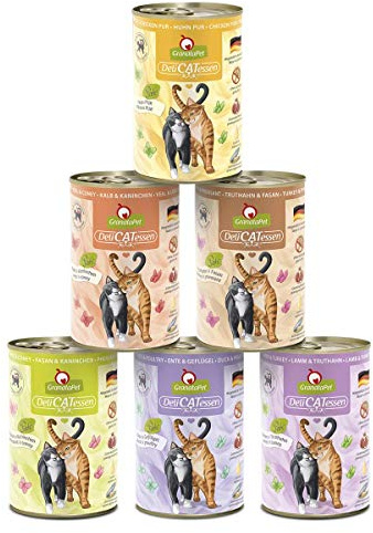 GranataPet DeliCatessen Multipack 3 senza pesce, scatolette gatto assortite, cibo umido per gatti senza cereali, alimento umido per gatti con elevato contenuto di carne e oli di qualità, 6 x 400 g