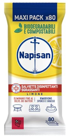 Napisan Salviette Disinfettanti Sgrassanti al Limone, Confezione da 80 Salviette Disinfettanti Biodegradabili e Compostabili Multisuperfici