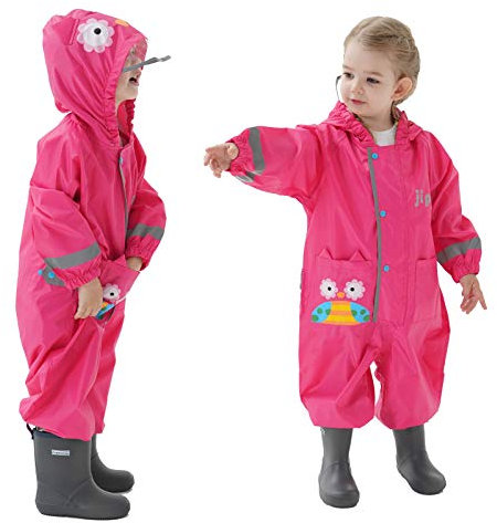 Baogaier Waterproof Puddle Suit Toddler Girls All in One Rainsuit Hooded Children One Piece Rainwear Raincoat Jumpsuit with Reflective Stripe and Owl Pattern for Kids Girl 2-4 Years, Rose Red/M