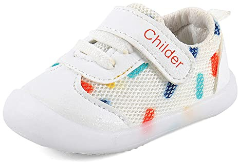 MASOCIO Unisexbabyskor, mjuka, platta lära-gå-skor med halkfri gummisula för pojkar och flickor, Vit, 19 EU
