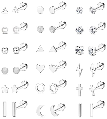 CASSIECA 18 Paar Edelstahl 316L Mond Stern Ohrringe für Frauen Männer CZ Intarsien Herz Kreuz 20 g Knorpel Ohrring Piercing Schmuck, Edelstahl