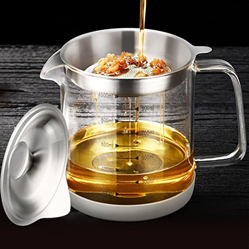 Recipiente de vidrio para grasa de tocino de 1 litro con colador, lata de almacenamiento de aceite de cocina con filtro de malla fina y escala, tapa y mango de fácil agarre, separador de grasa para