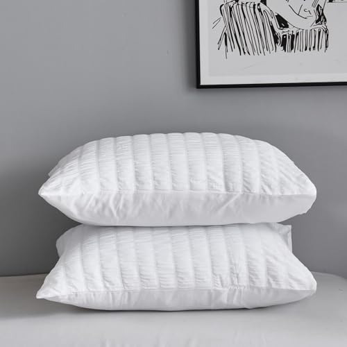 Freyamy Seersucker Kissenbezug 40x80cm 2er Set Weiß Geprägt Streifen Strukturiert Chic Kopfkissenbezug Gebürstet Microfaser Weiche Kissenhülle Bequem Kissenbezug mit Reißverschluss