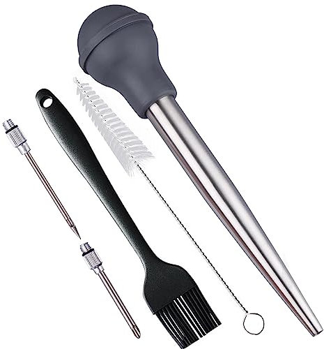SPUVGVC Baster de pavo con cepillo de limpieza, cepillo para barbacoa y agujas de adobo, jeringa para cocinar, baster de pavo de acero inoxidable con bombilla de silicona, para hornear en casa y