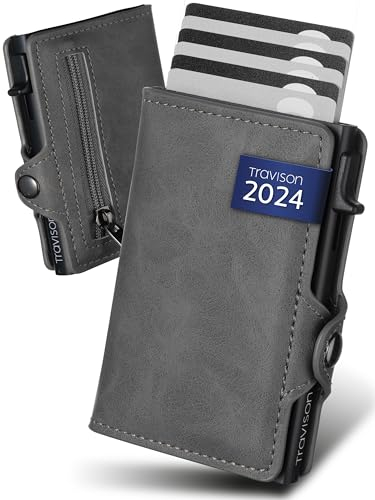 Travison® SMART Wallet mit Münzfach und Geldscheinfach - Kartenetui mit Münzfach und Schnellzugriff - RFID-Schutz - Herren Geldbörse klein - Kreditkartenetui - Geldbörse mini (Grau)