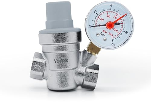 VANCOCO DN15 Réducteur de Pression d'eau 1/2 15/21 pouce, Chauffe-eau Réglable en Laiton, avec Manomètre et filtre