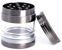 HIBRON Grinder Molinillo de Hierbas,Molinillo de Especias de Aluminio de 4 Piezas con Camara Transparente,Con Raspador de Polen,Portátil y Antiadherente (1, Gris)