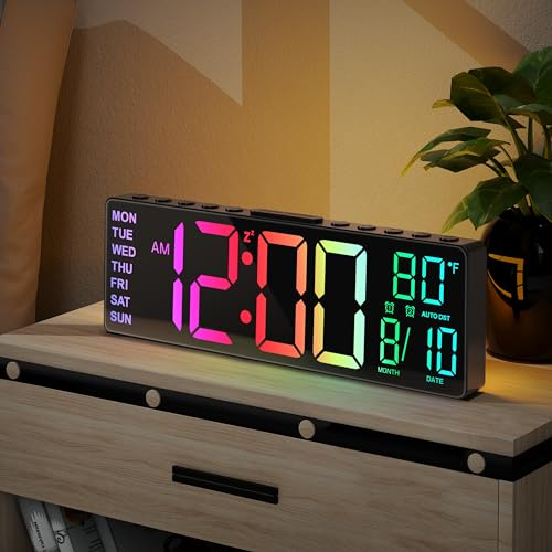JALL 10.5'' Large Digital Alarm Clock with 8 RGB Colors, Date, Month, Temperature LED, Auto DST, Digital Clock Large Display for Classroom, Office, Bedroom, Back-to-School Gift for Students, Teachers