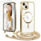 Ethanger Handyband für iPhone 15 Hülle mit Band + 2 Stück Glas Schutzfolie Silikon Transparent Handyhülle Magnetische Schutzhülle zum Umhängen Kordel für iPhone 15 Gold