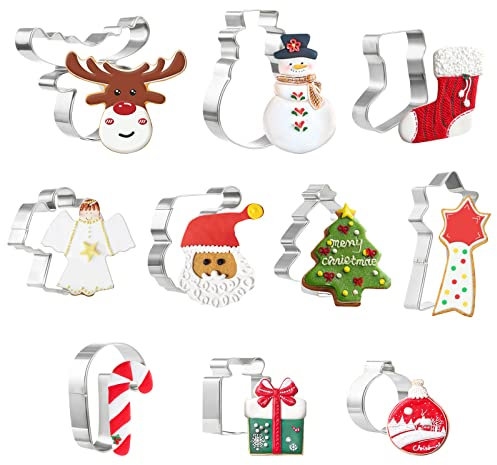 GWHOLE 10PCS Large Christmas Cookie Cutter Set for Baking,Stainless Stee Biscuit Cutters,Christmas Tree Santa Claus,Snowman,Candy Cane for Baking Accessories