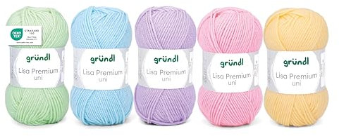Gründl Wolle Lisa Premium uni - Garn zum Stricken - Strickgarn - Häkelgarn - Weich und hautfreundlich - 100% Polyacryl 5 Knäuel 50 g / 133 m - Nadelstärke 3,5-4,5 - Babygrün-Blau-Lila-Rosa-Gelb