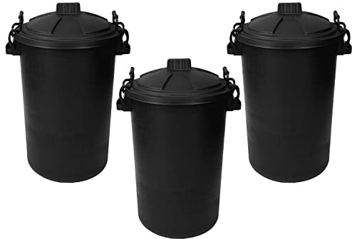 (Set Of 3) 80L Black Extra Large Heavy Duty Dustbin with Lockable Lid – Durable Plastic Kitchen & Office Rubbish Bin – Ideal for Home, Commercial & Animal Feed, Outdoor Use Waste Disposal Bin