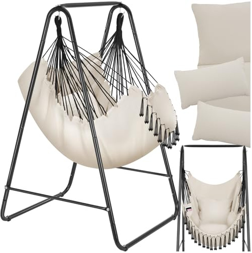 tectake® Poltrona Sospesa Boho con Cuscini, Tasca Laterale, Tessuto Misto Cotone-Poliestere, Telaio in Acciaio, Capacità 160 kg, Arredamento Casa e Giardino, per Interni ed Esterni - Beige