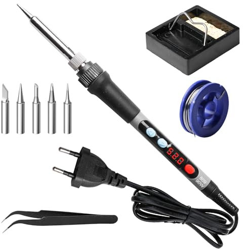 GOMETY Juego de soldador: 1 pieza 90 W temperatura ajustable 180 – 520 °C, soldador con interruptor de encendido/apagado, 5 puntas de soldadura, soporte de soldador, estaño de soldadura, pinzas para