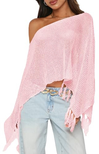 RPYHF Womens Summer One Shoulder Knit Sheer Poncho Trendy Lightweight Boat Neck Fringe Pullover Sweaters