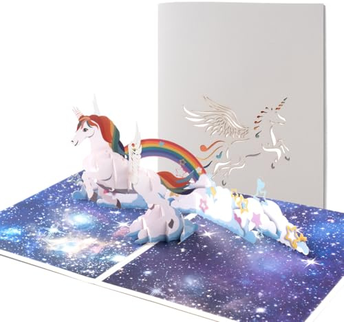 Fanimyholy Pop Up Biglietti Auguri Unicorno, Biglietti Auguri Compleanno 3D, 3D Pop Up Biglietto di Compleanno, Simpatica Scultura Tridimensionale di Carta di Unicorno,Regalo Sorpresa per la Famiglia