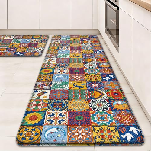Tritard Boho Kitchen Mats for Floor 2 Pcs Colorful Ceramic Kitchen Rugs Non-Skid Waterproof Anti Fatigue Mats for Kitchen Floor PVC Kitchen Floor Mat for Sink,Laundry,Office,17.3x28+17.3x59 Inch