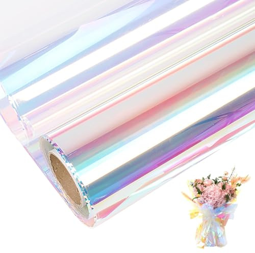 Iriserande cellofanfolie regnbåge transparent 80 cm x 15 m – skimrande presentfolie rulle för gåvor, bukett, presentkorg, godis, förpackningsfolie för bröllop, födelsedag, fest