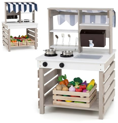 COSTWAY Mud Kitchen, Wooden Double-Sided Kids Play Kitchen with Removable Sink & Faucet, Kitchenware, Outdoor Pretend Kitchen Playset for Boys Girls Ages 3+ (Grey + White)