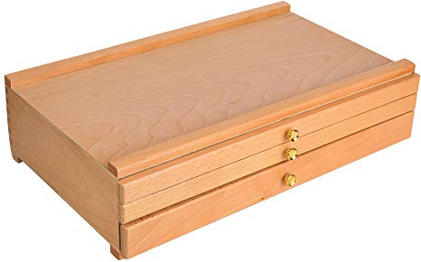 HUSHUI 3-lagers Lådor Ritverktygslåda med Flera Förvaringsmöjligheter för Konstnärer och Hobbyister, bokträ, 40 X 24,4 X 10,5 Cm