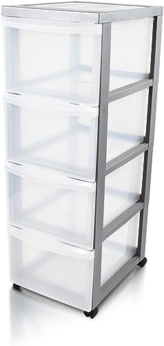 Iris Ohyama Kunststoff-Schubladenbox mit Rollen, 4 tiefen Schubladen, Silber, Griffe zum Ziehen, Für Schlafzimmer, Bad, Schule & Büro, BPA-frei, Schubladenschrank, Rollcontainer, A4 Drawer, DC-304