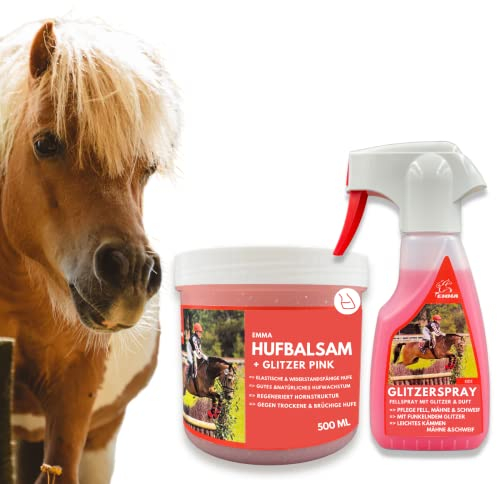 EMMA Pferdepflege-Set Mähnenspray Pferd - Schweifspray für Pferde - Pferdeglanz Spray - Huffett Pferde Hufgel mit Lorbeeröl - Inhalt Putzbox für Pferde Mädchen Geschenk I Putzzeug für Pferde 2 TLG