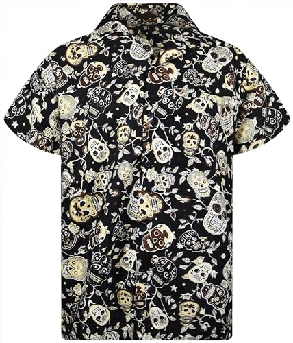 King Kameha Funky Chemise hawaïenne à manches courtes pour homme avec poche avant pour fête, Halloween, imprimé crânes